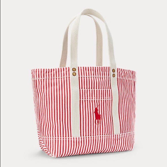 NWT POLO RALPH LAUREN Canvas Striped Med Tote Red - Picture 2 of 8